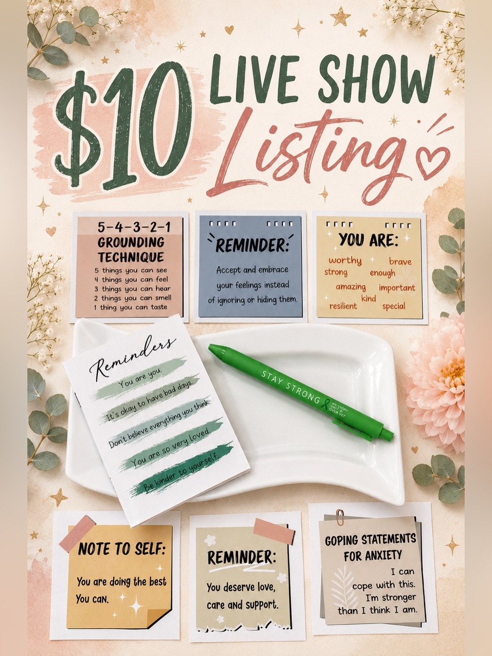 LIVE SHOW LISTING Stay Strong Pen, Mini Notepad, 6 Random Motivational Stickers